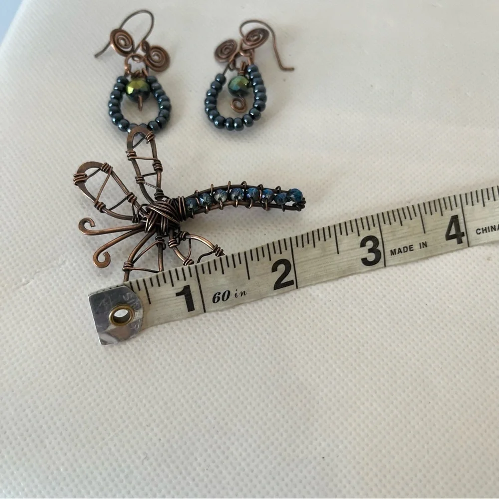 Handmade Bronze Blue Beaded Dragonfly Earrings and Brooch Set